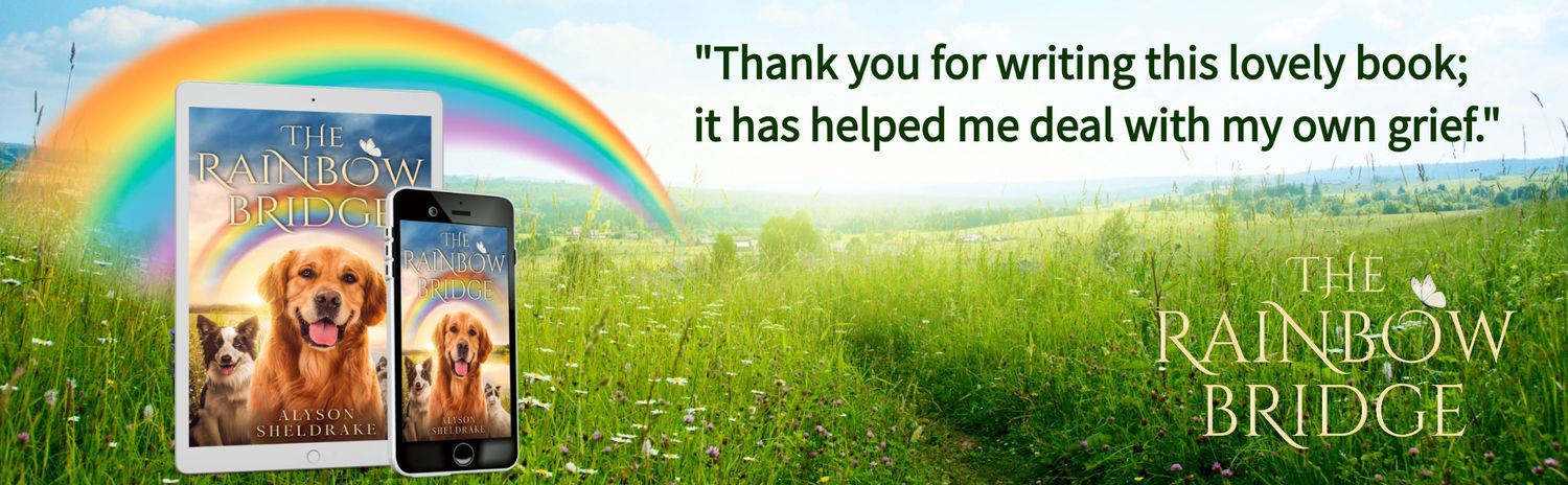 The Rainbow Bridge book advertisement with rainbow and meadow background featuring five star quote.