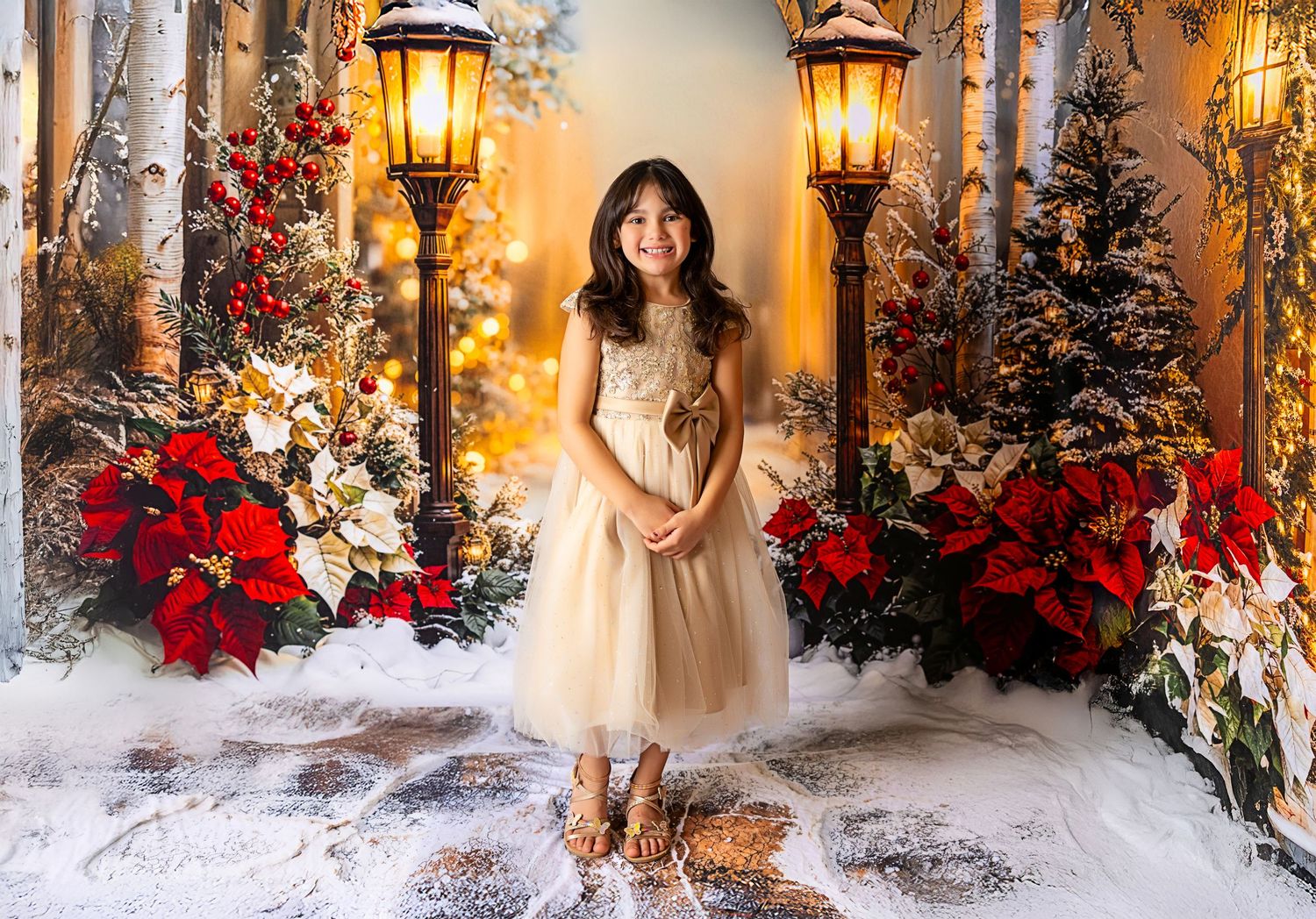 Six Christmas mini photo session backdrops featuring snowy scenes, rustic doorways, and elegant staircases decorated for holidays.