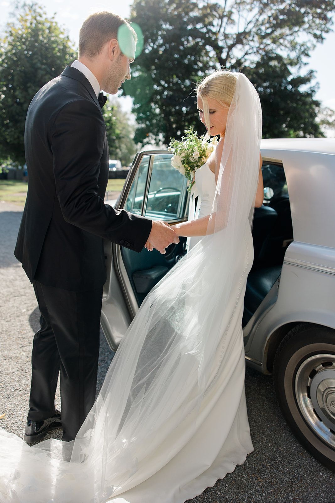 A sequence of wedding photos showing a couple getting into a vintage car after their ceremony.