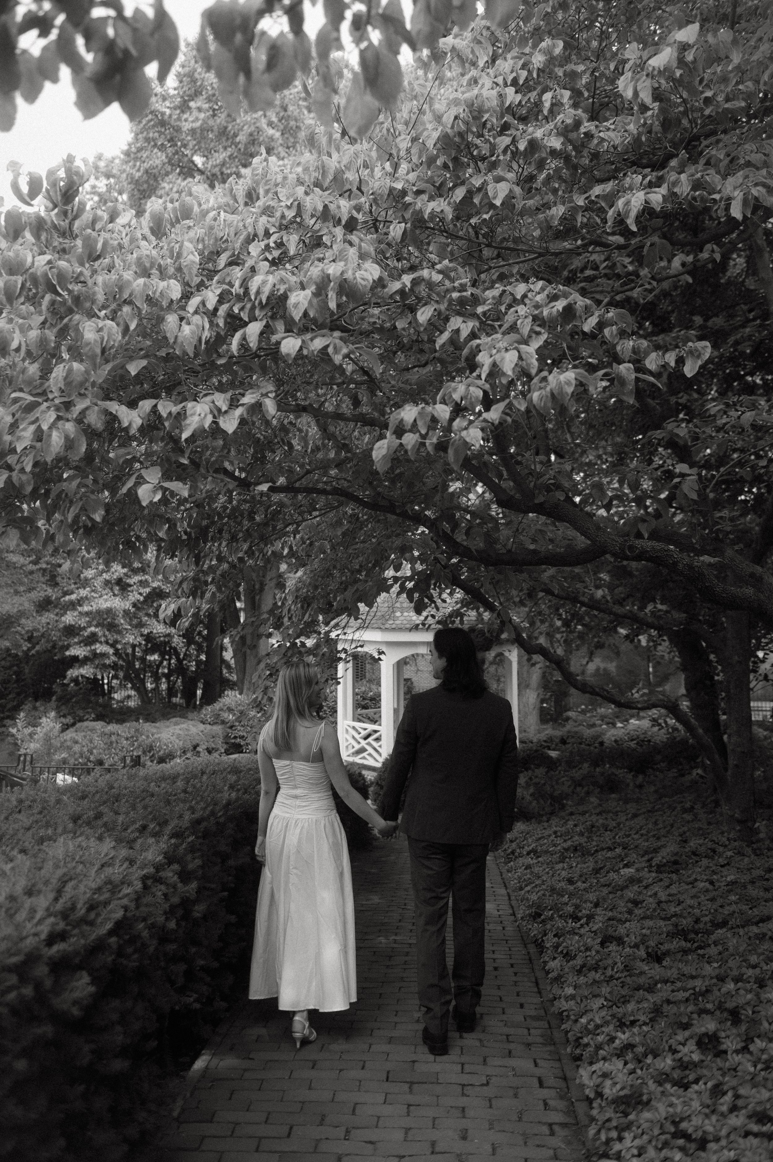 A couple walks down a brick path under flowering dogwood trees at dusk in black and white.