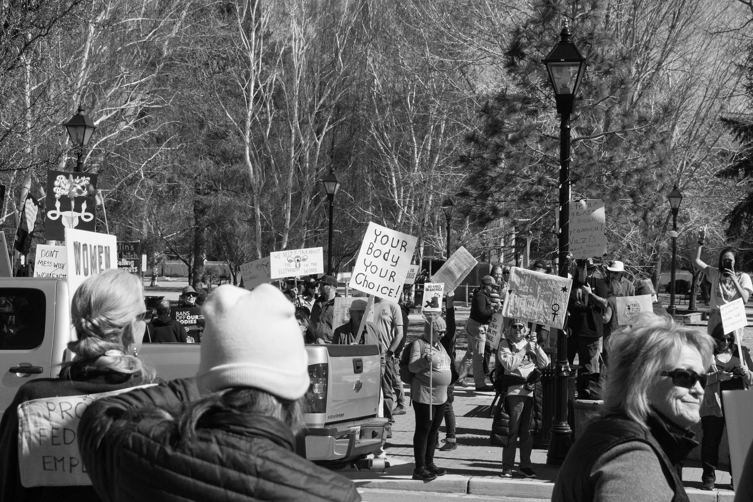 Black and white image of large crowd marching with protest signs along tree-lined street.