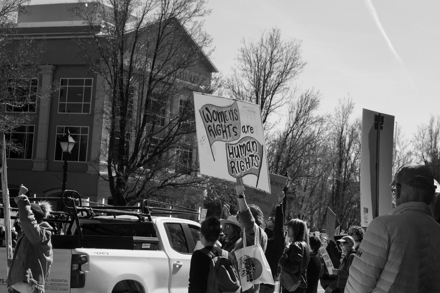 Black and white photo of protesters holding signs reading Women's Rights Are Human Rights at an outdoor rally.
