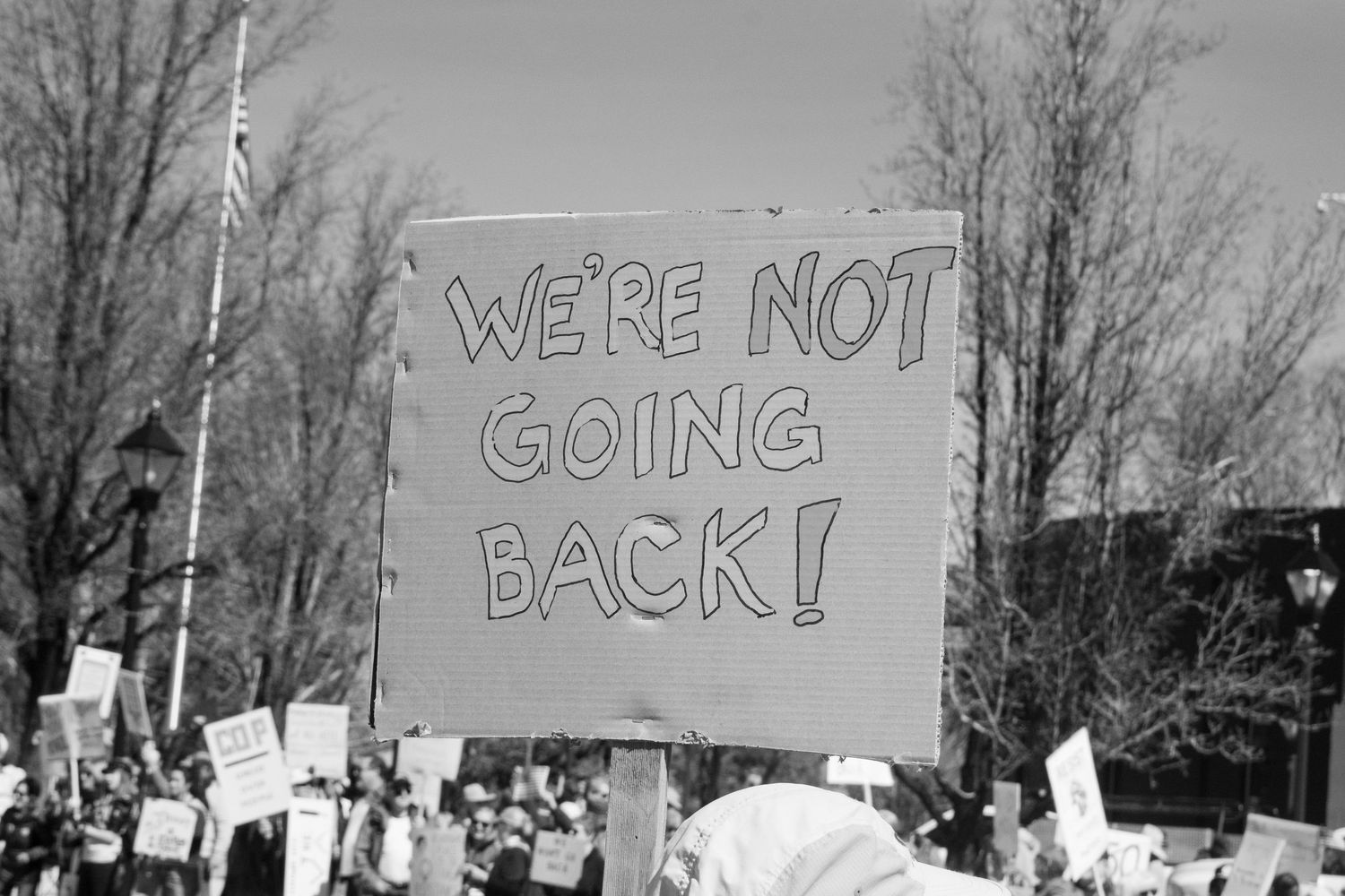 Protest sign reading We Are Not Going Back held above a large crowd of demonstrators.