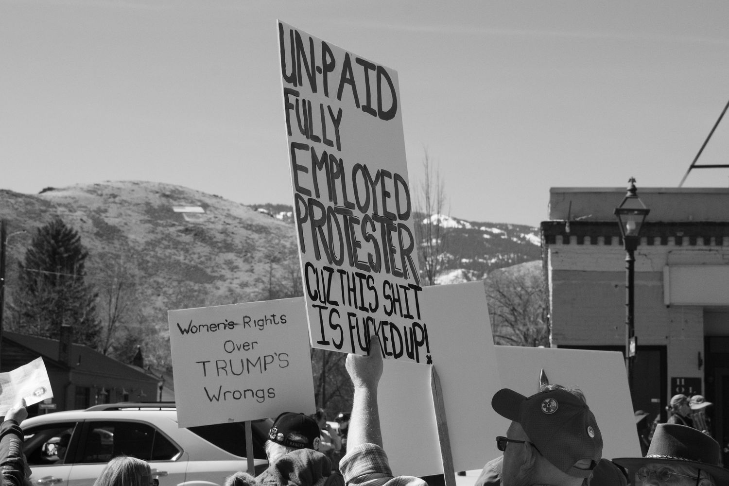 Black and white photo of protest signs including unpaid fully employed protester at a political rally.
