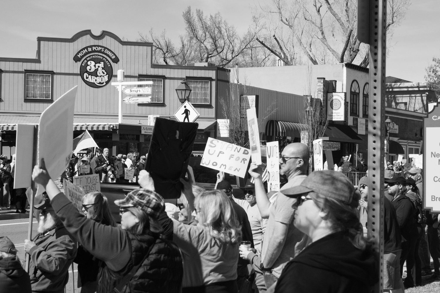 Large crowd of demonstrators holding protest signs gathered on a busy street in a small town.