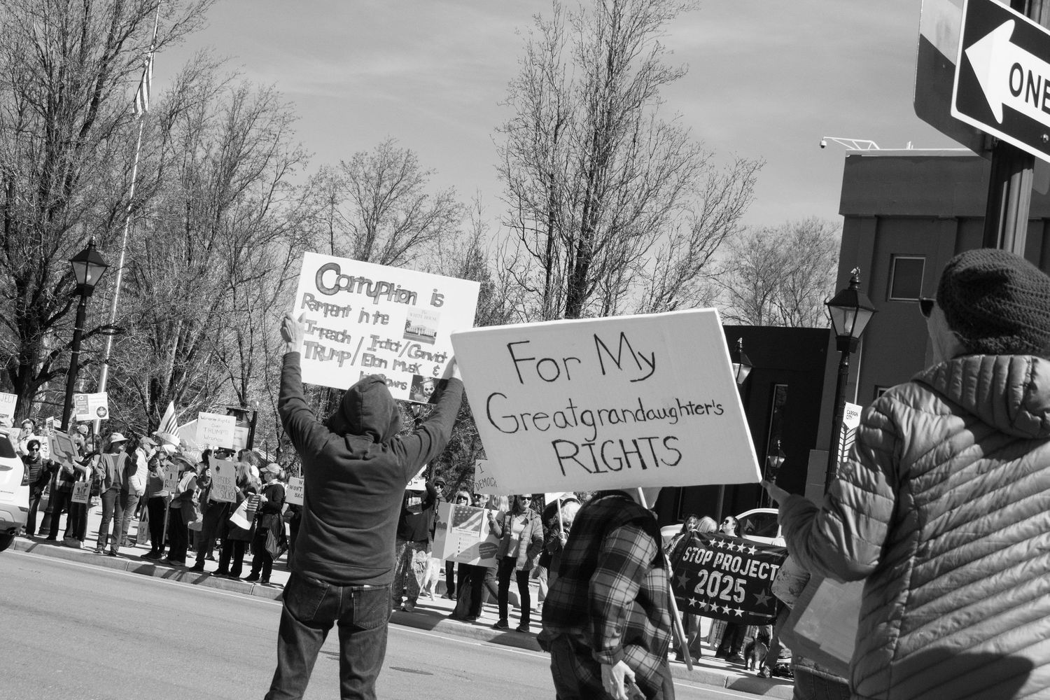 Protesters hold signs including For My Greatgrandchildrens Rights at an outdoor political demonstration.