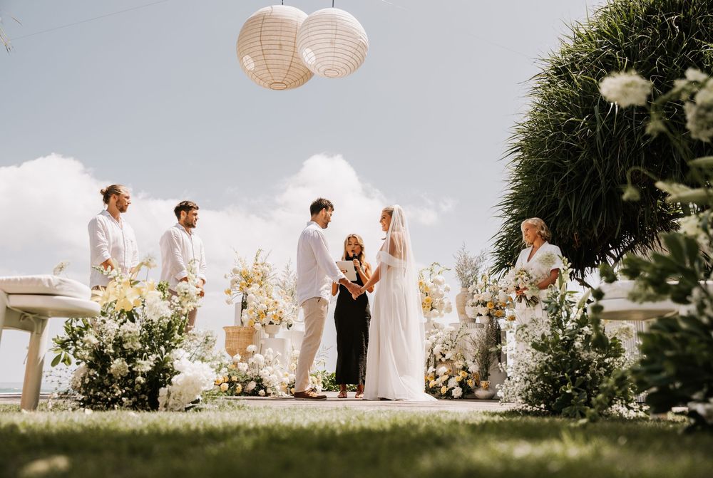 A romantic beach wedding ceremony and reception collage showing outdoor celebrations with floral decorations and scenic views.