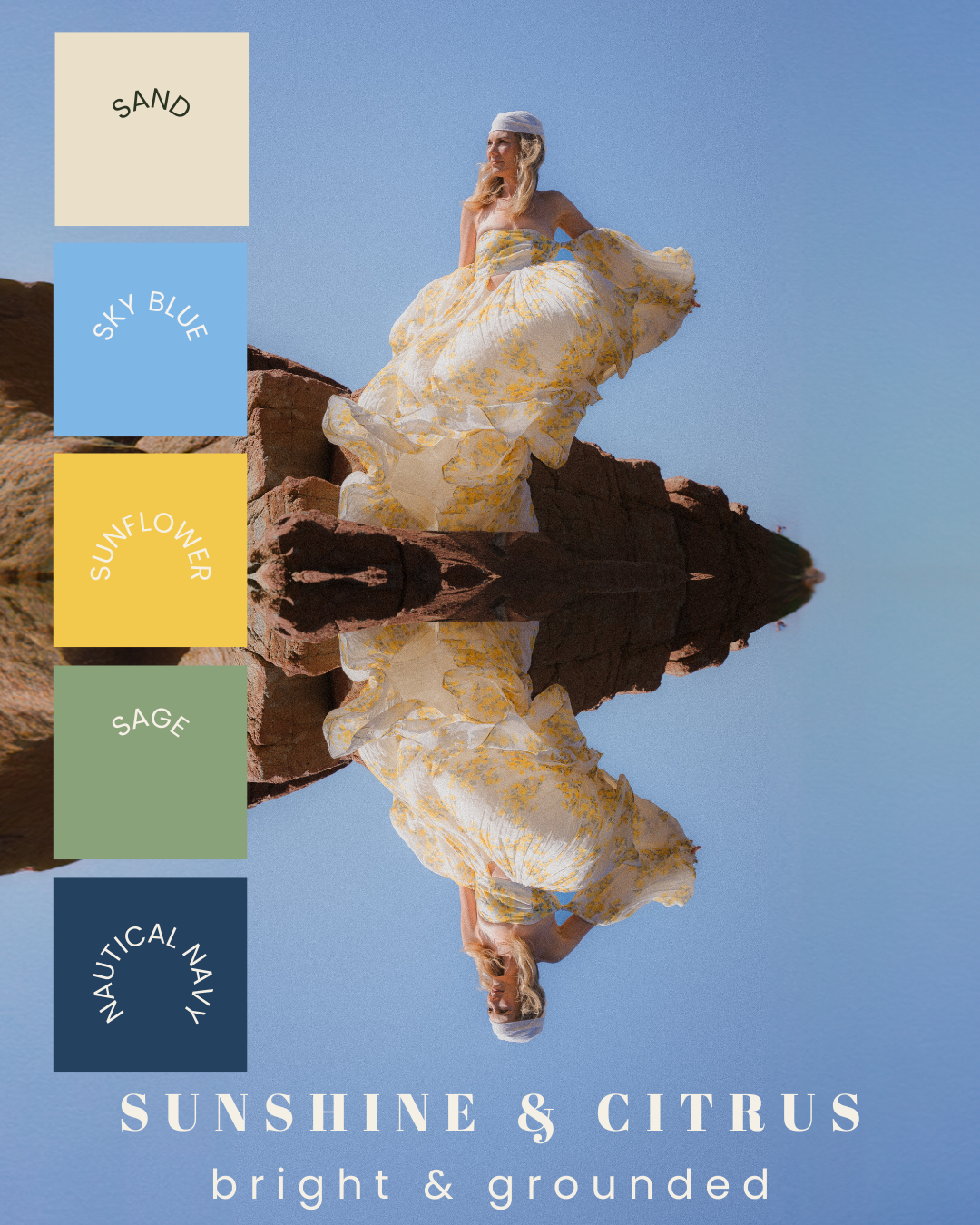 Branding mockup featuring a sunny yellow and blue color palette with a circular logo design and text elements.