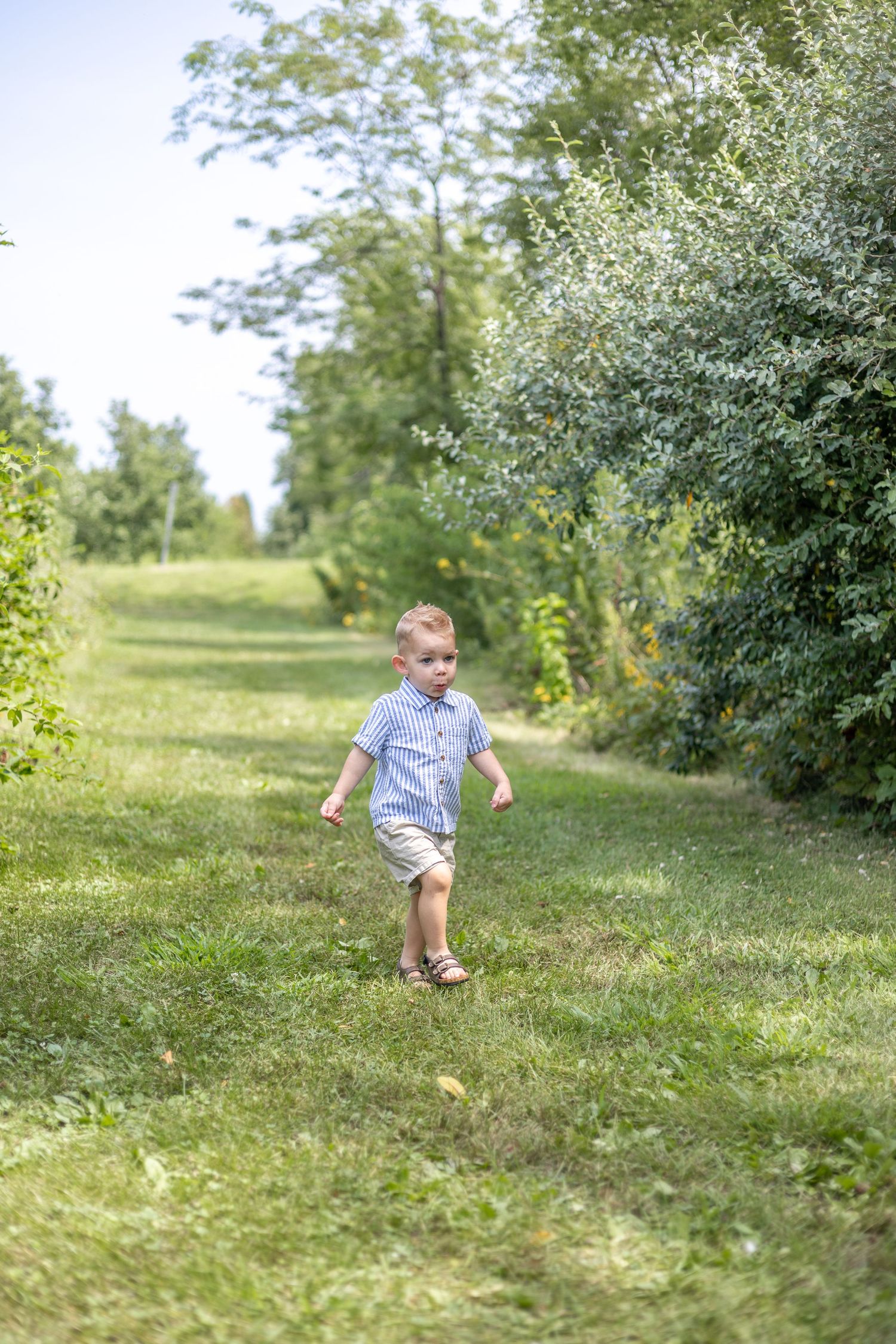 Springfield, IL Photographer captures a boy laughing while walking during a milestone session in Central, IL