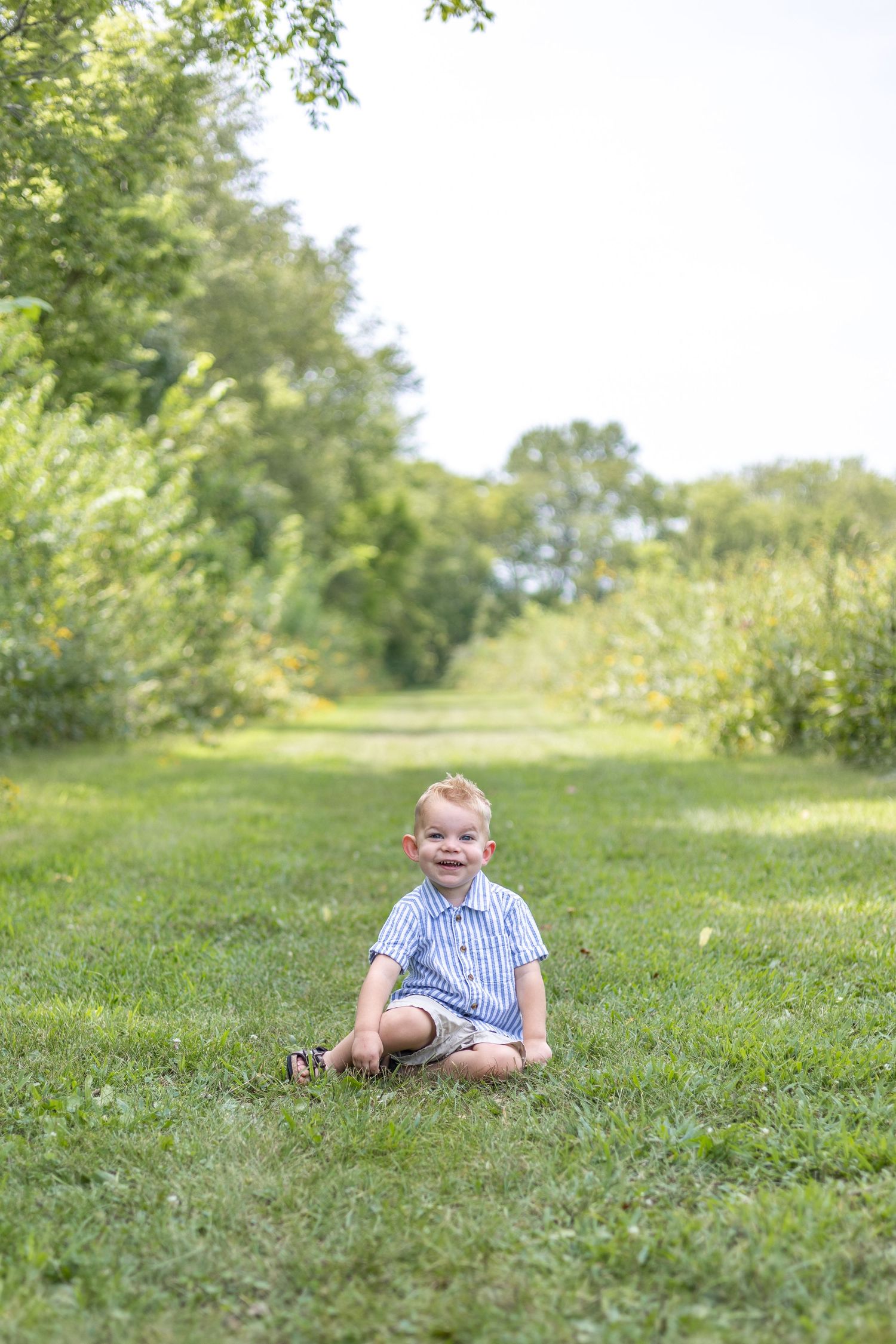Springfield, IL Photographer captures a boy sitting and laughing during a milestone session in Central, IL