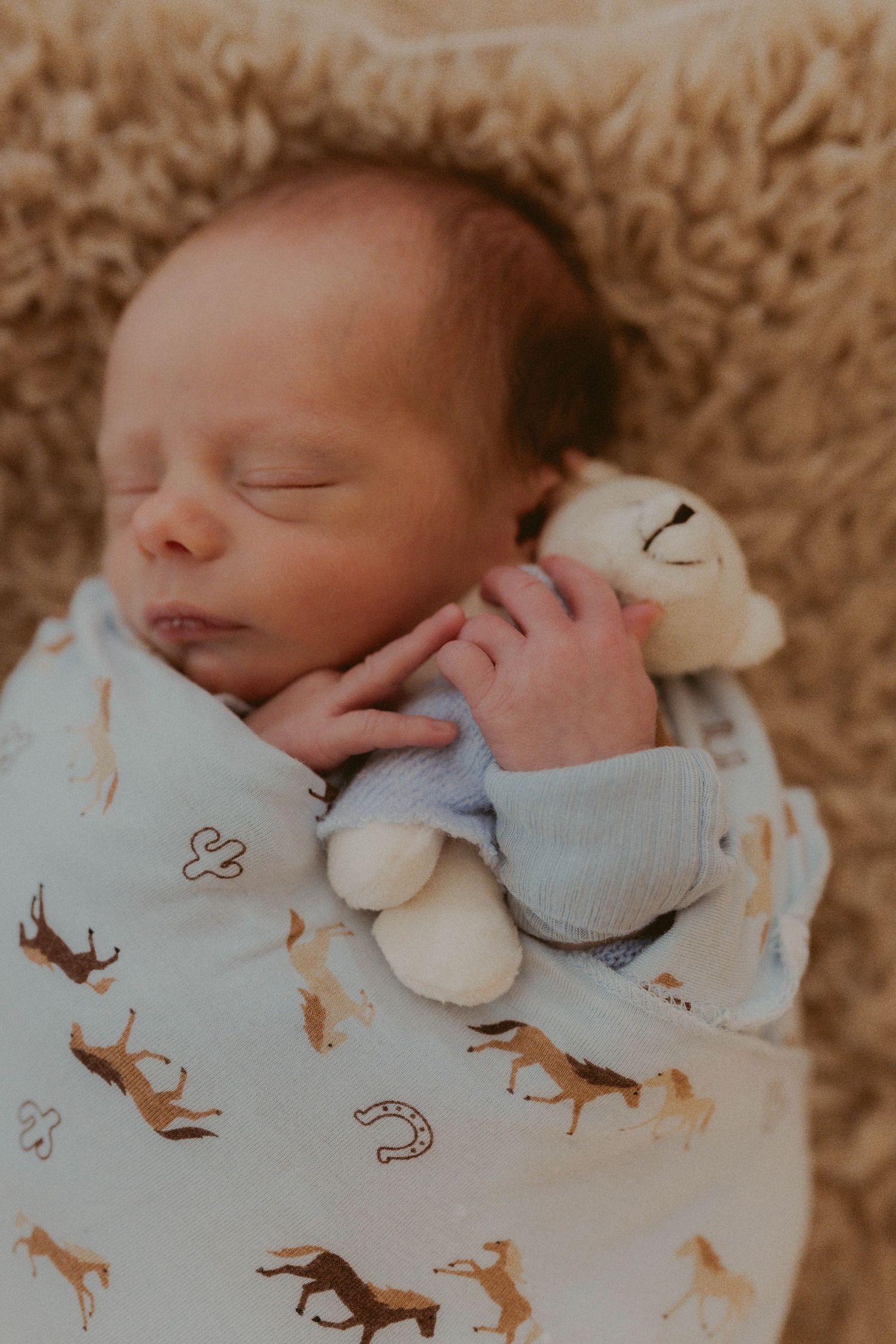 Sleeping newborn baby wrapped in a horse-print swaddle blanket, holding a small stuffed animal toy.