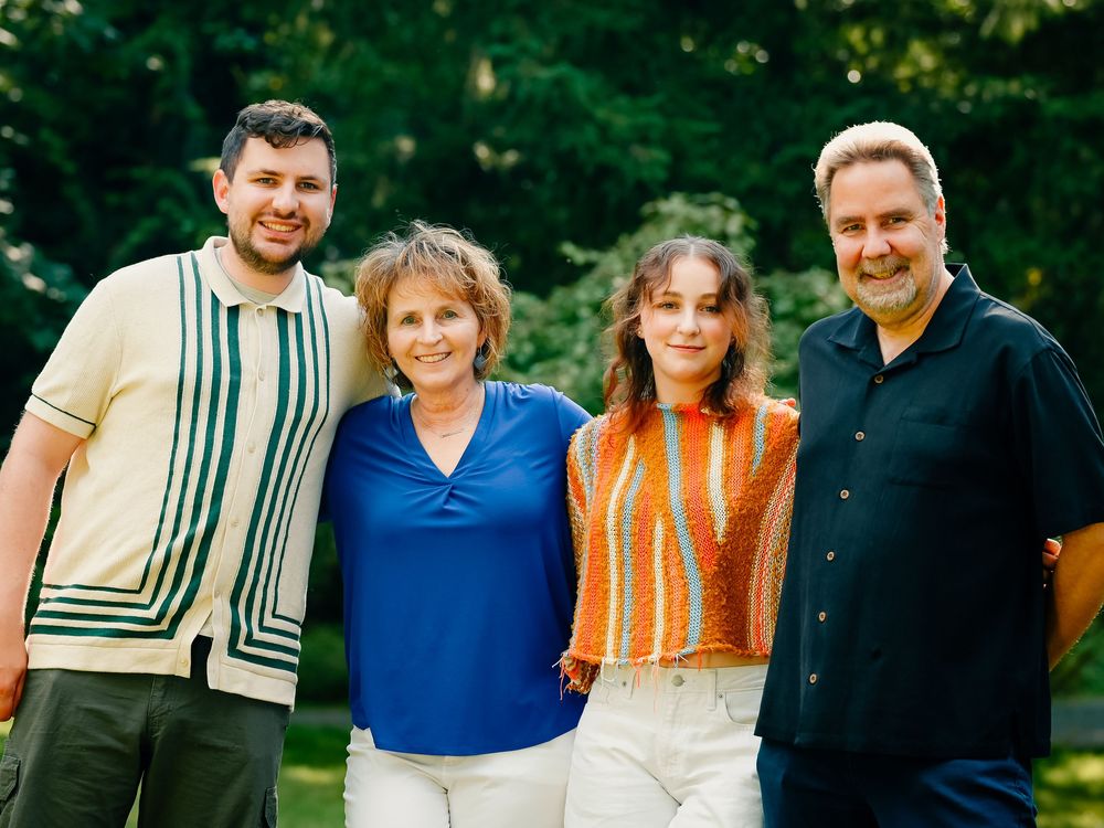 A group embraces outdoors in a series of casual portrait photos against a green wooded background.