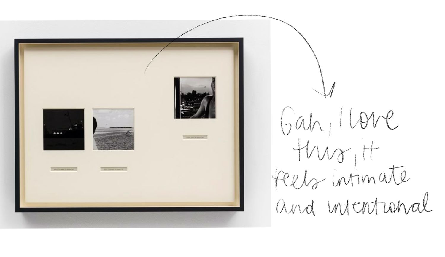 Art gallery wall display featuring multiple framed photographs and artwork in a minimalist layout.