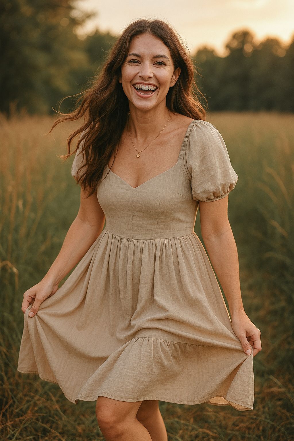 A joyful person wearing a beige puff-sleeve dress twirls in a golden field at sunset.