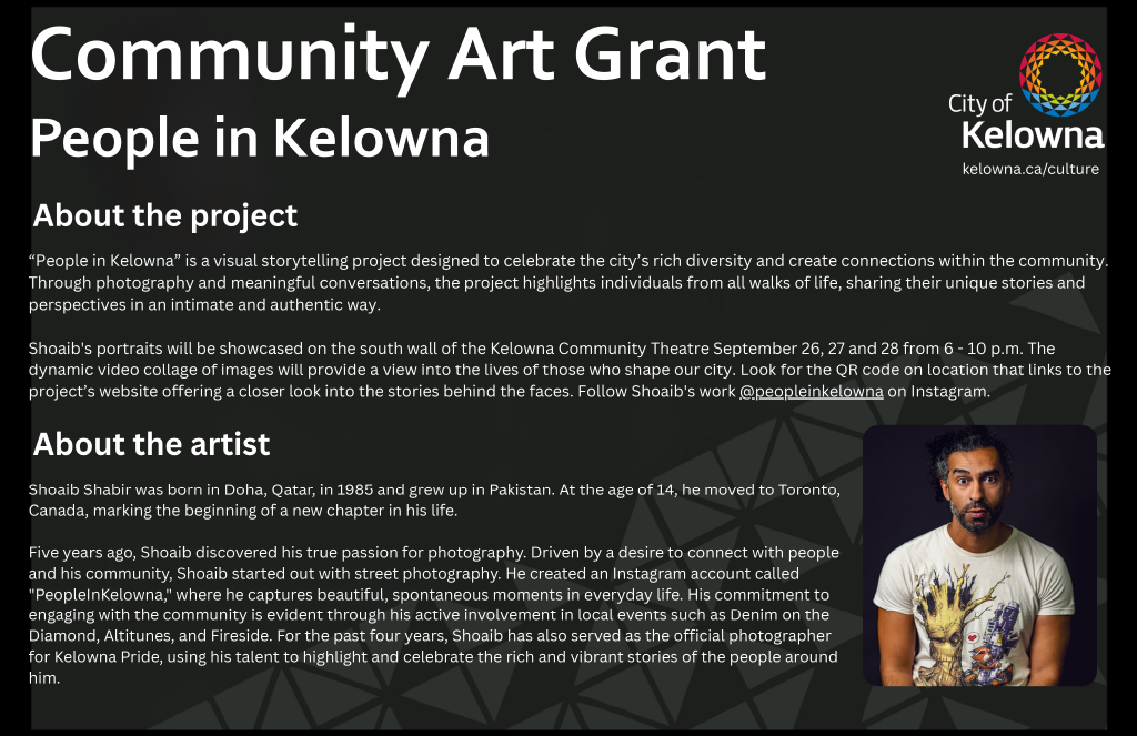 A community art grant information page with text about a project and a person wearing a colorful patterned shirt.