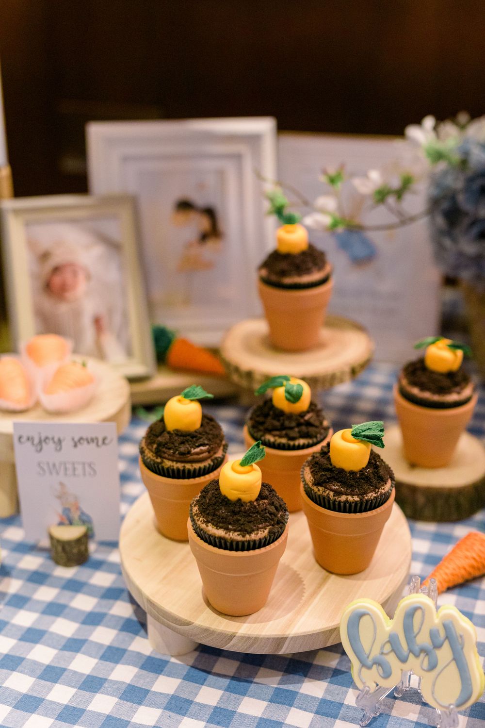 Chocolate cupcakes decorated as potted plants with Oreo dirt and fondant carrots on blue checkered tablecloths.