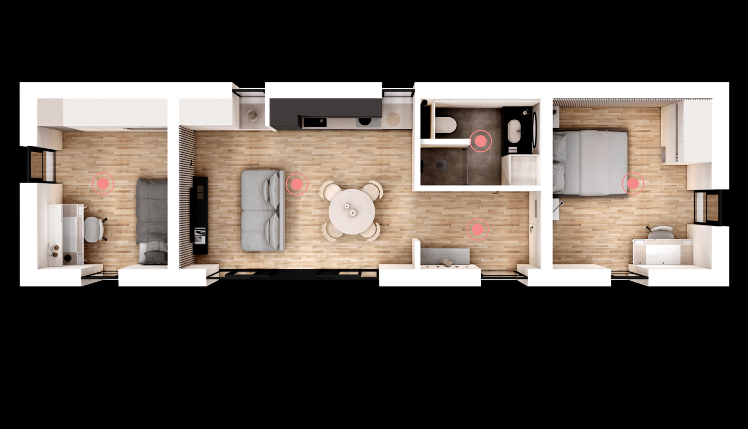 Interior floor plan rendering showing a linear apartment layout with kitchen, living area, bathroom and bedroom spaces.