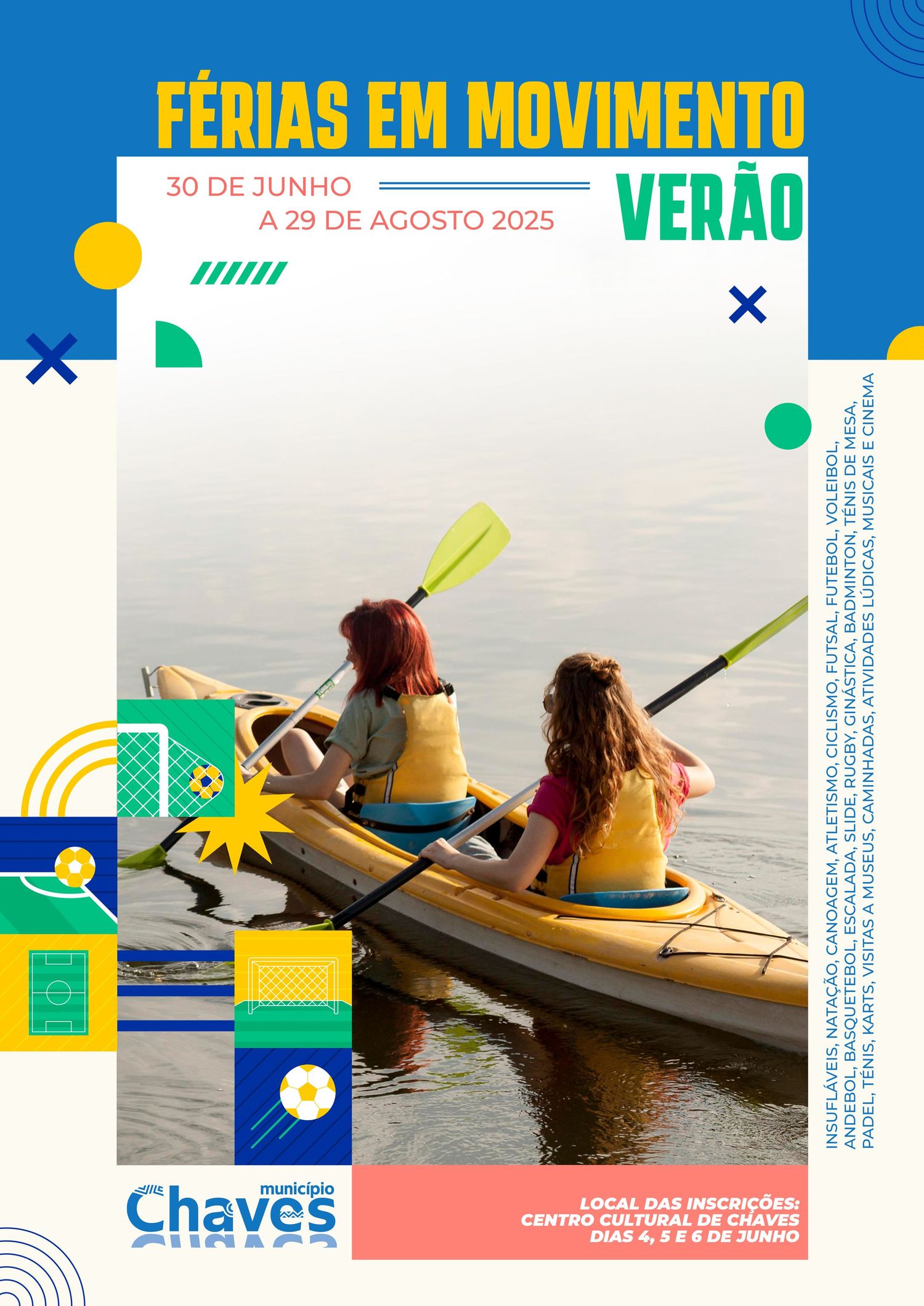 Summer vacation promotional banner showing people kayaking on calm waters.