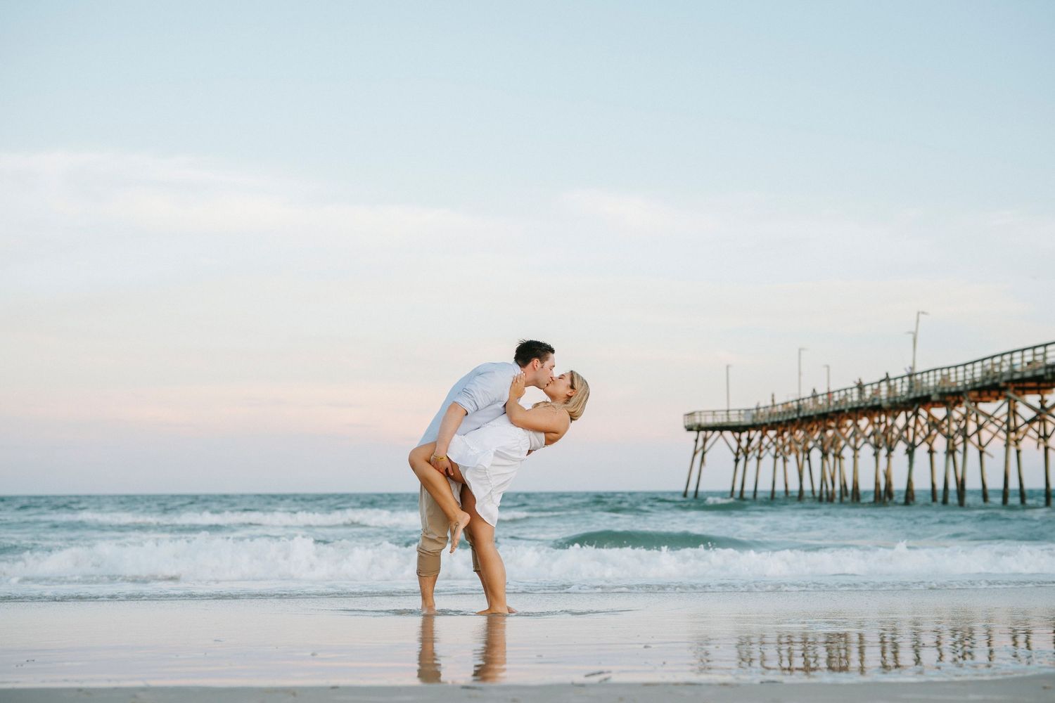 Scenic collection of beachside photos featuring pier, ocean waves, and coastal landscapes in soft pastel tones.