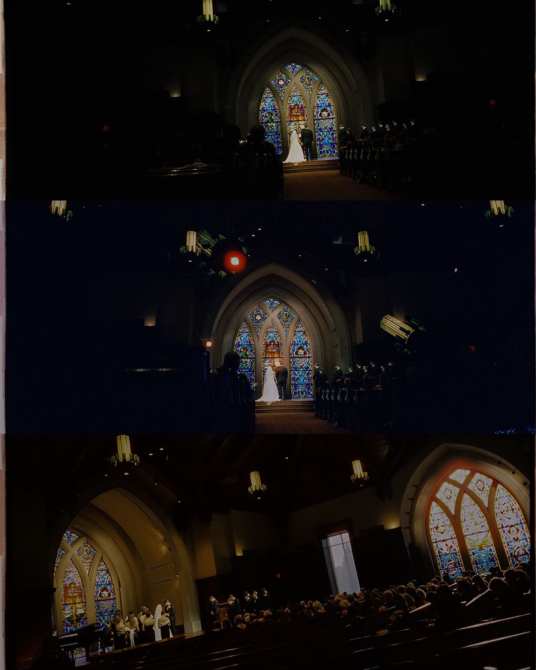 Illuminated church interior with stained glass windows and arched ceilings glowing in the dark atmosphere.