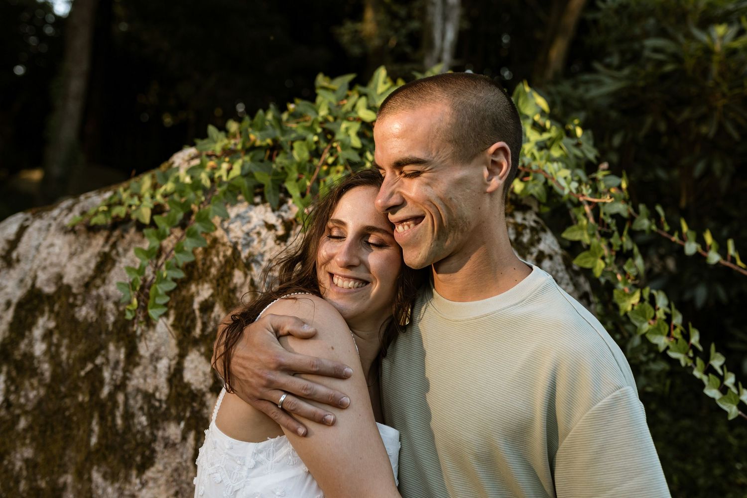Close-up romantic moment during pre-wedding photos in Sintra Lisbon
