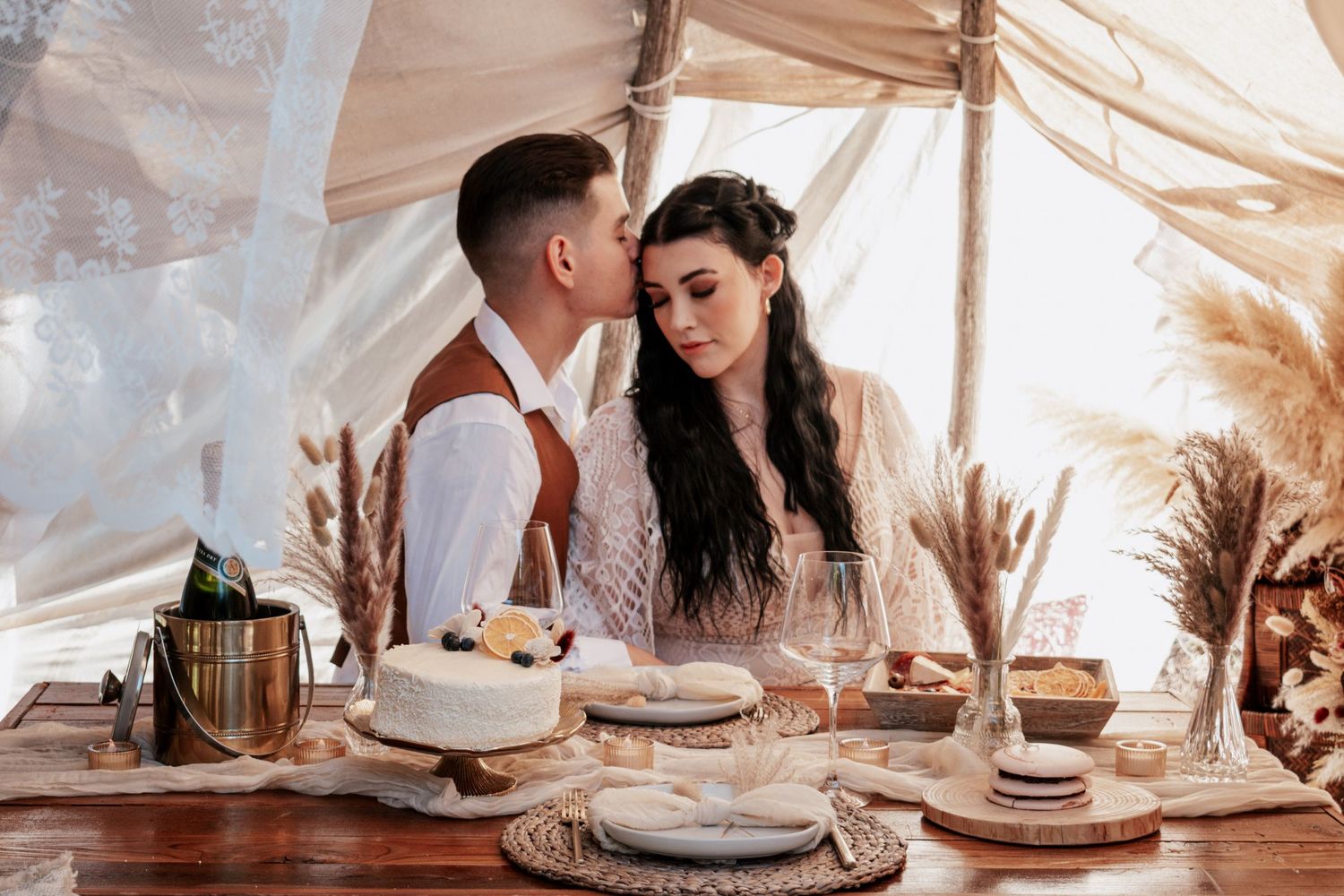 Romantic couples portrait session with styled table and natural light outdoor setting