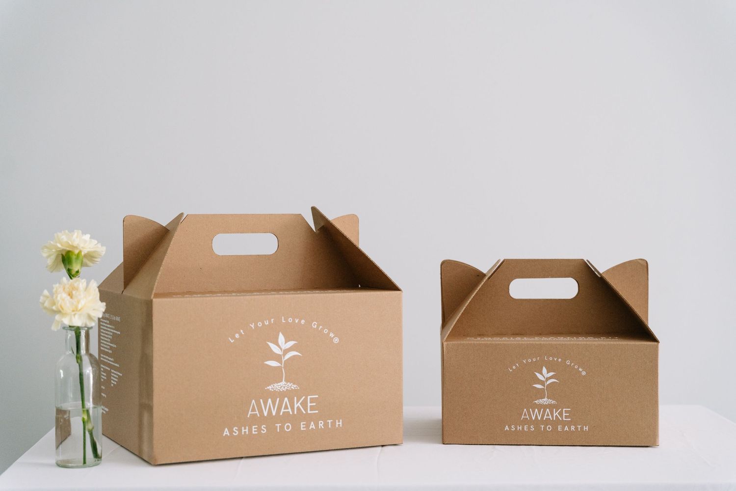 Kraft paper takeout boxes with white floral accents and handles arranged in a minimalist product photography setup.