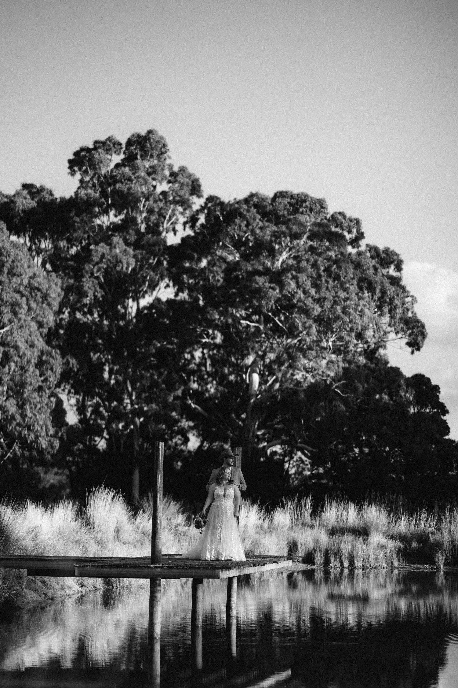 A serene black and white landscape shows trees reflecting on a still lake with wooden posts in the water.