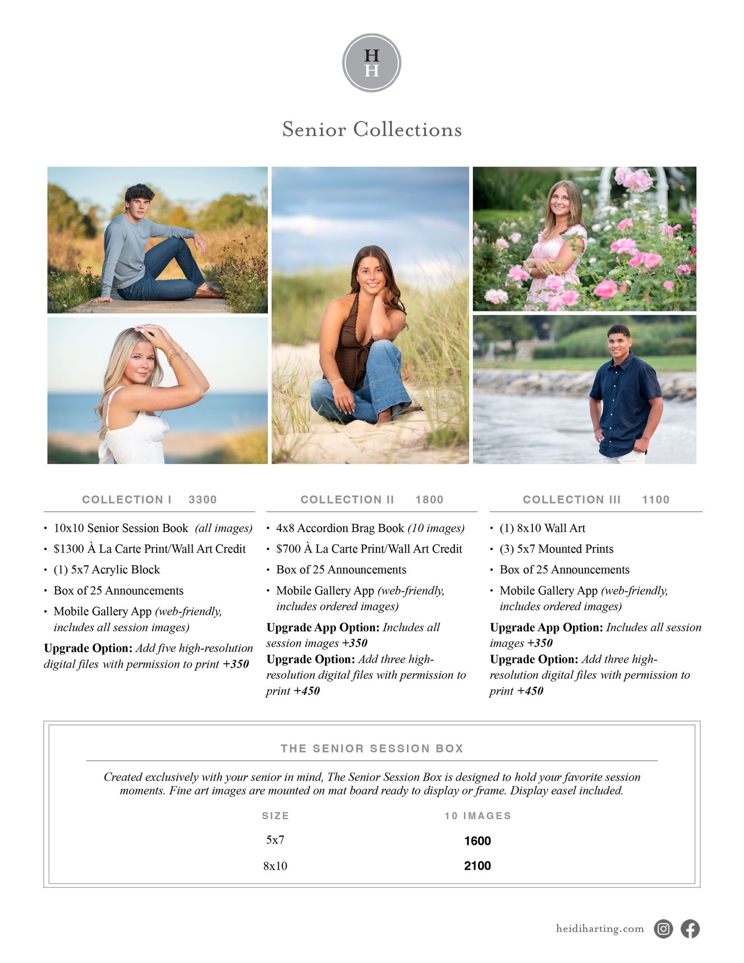 A pricing guide page showing outdoor portrait photography session packages with sample photos and costs.