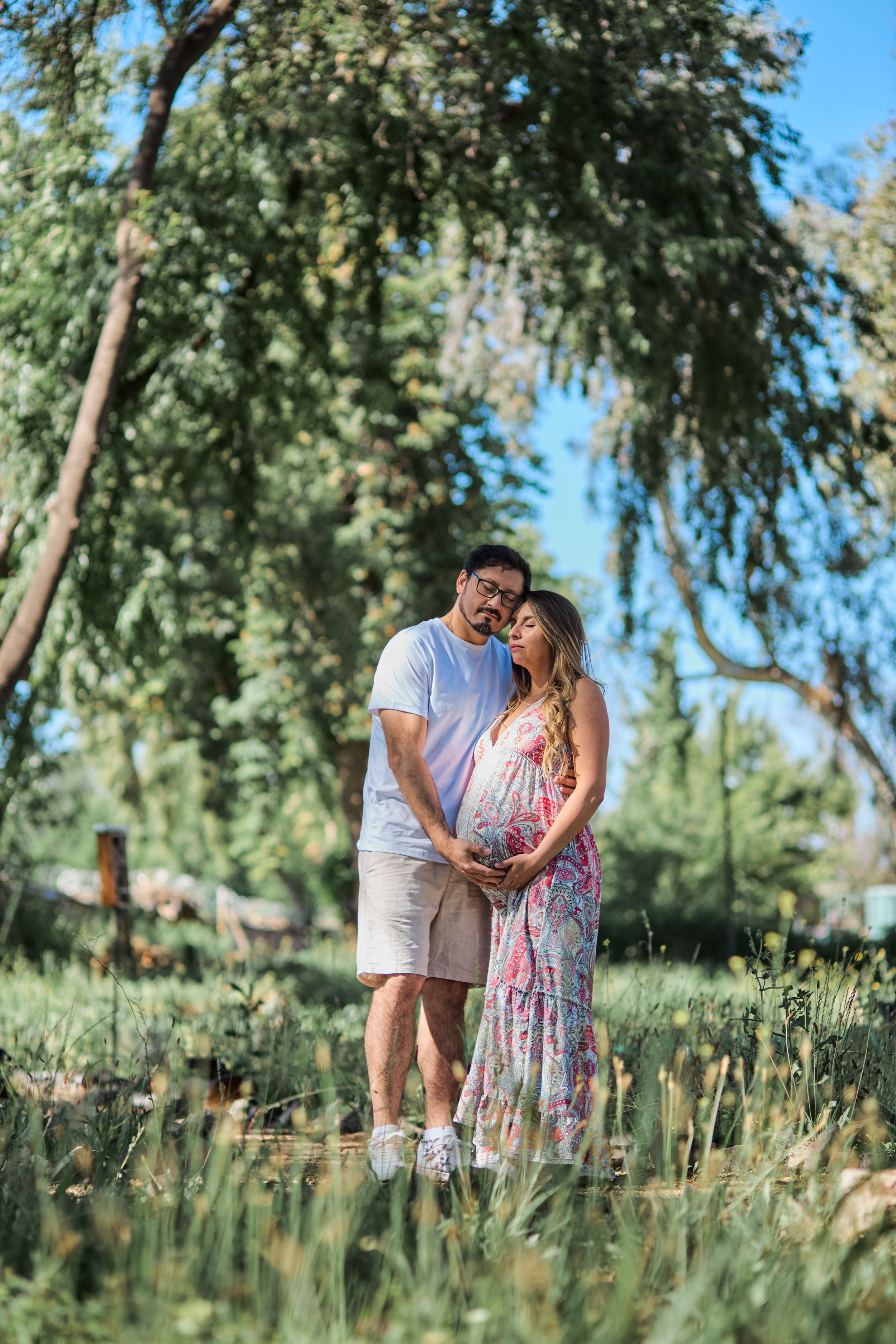 A couple shares tender moments in a sunlit meadow with tall grass and trees creating a romantic outdoor setting.