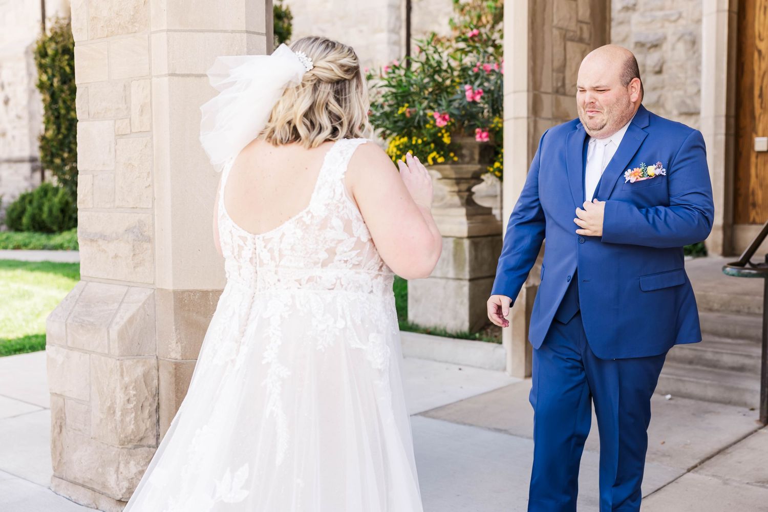 emotional first look with bride and groom