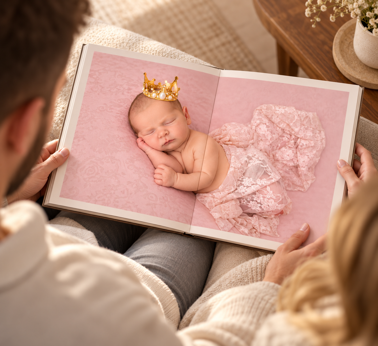 New parents in white shirts tenderly hold their sleeping newborn wrapped in a brown swaddle against a beige background.