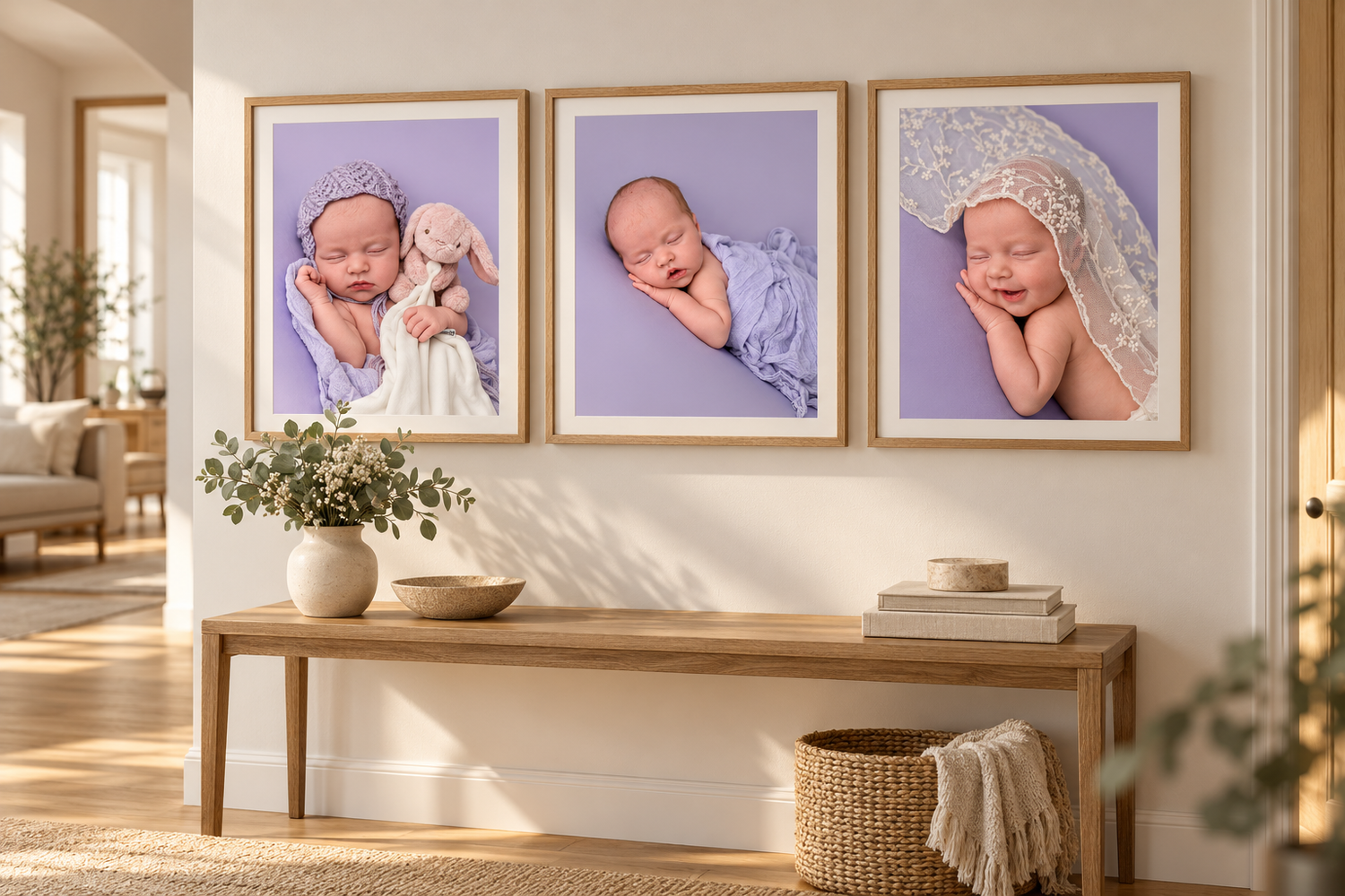 New parents in white shirts tenderly hold their sleeping newborn wrapped in a brown swaddle against a beige background.