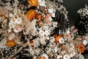 Delicate dried flower arrangement featuring white and orange blooms in artistic macro photography.