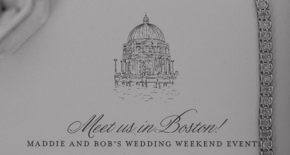 Black and white wedding invitation designs and letterhead mockups showing elegant typography and layout details.