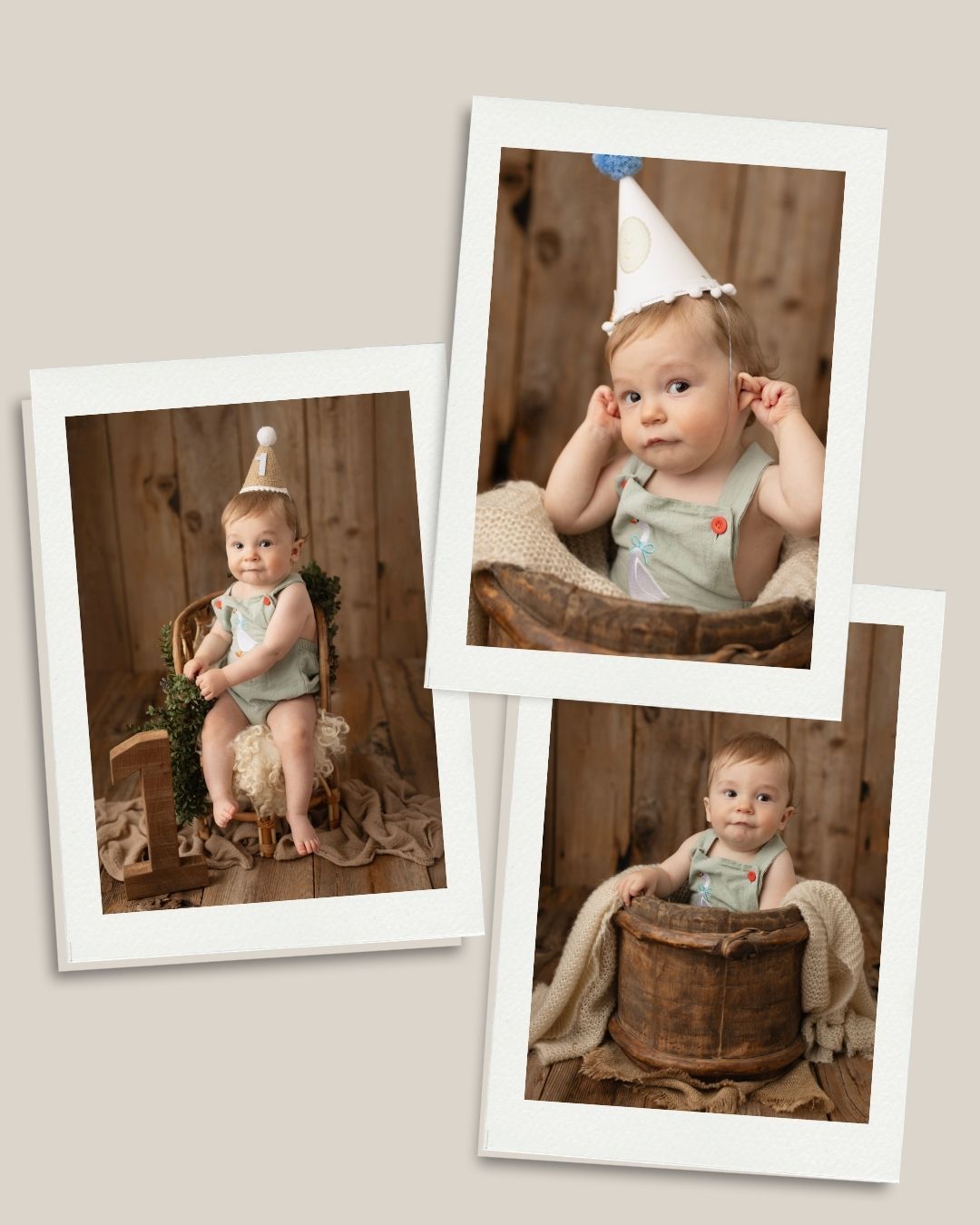 Three vintage-style photos of a baby wearing a party hat and romper posing with rustic wooden barrel props. Elizabeth Lang Photography Surre