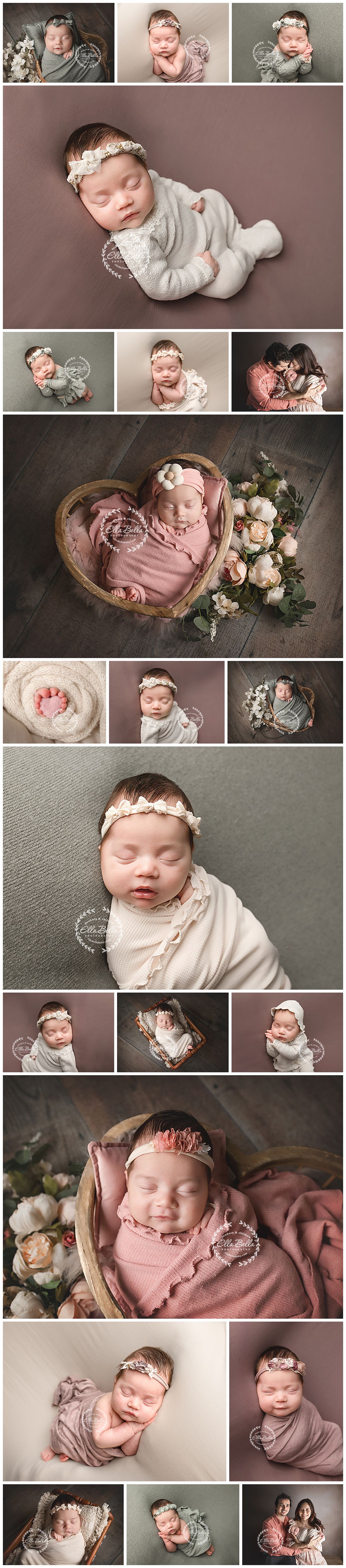 A collection of newborn photography portraits featuring soft pink and white tones with floral accents and delicate poses.