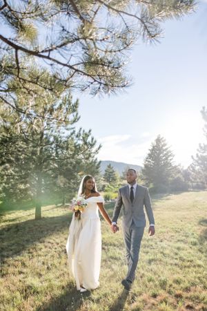 Newlyweds walk hand in hand through sunny mountain meadow with pine trees in background.
