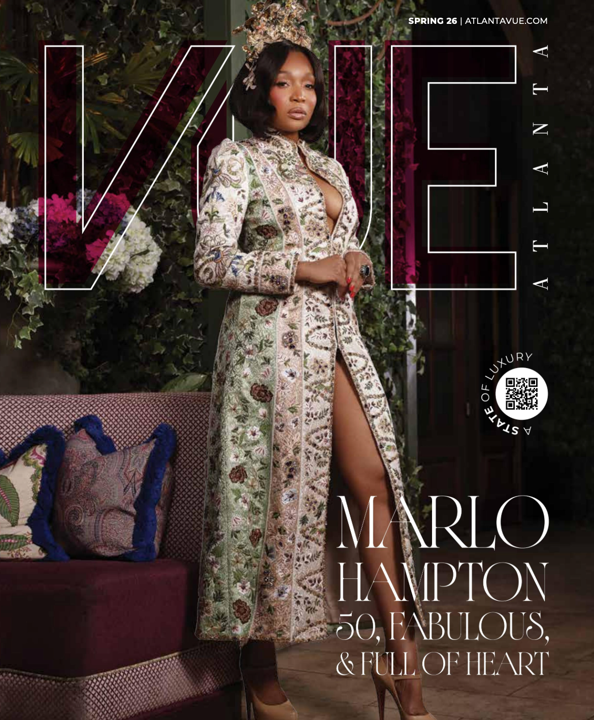 Vue Atlanta magazine Spring 26 cover featuring Marlo Hampton in floral dress, celebrating 50, Fabulous, and Full of Heart.