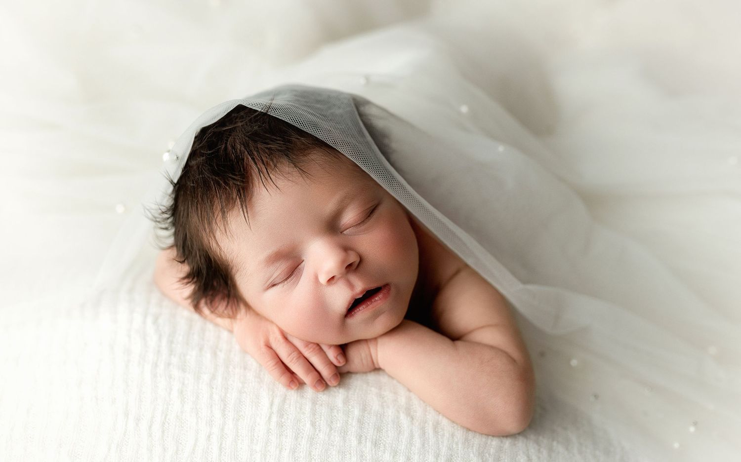 Newborn girl wearing mom's veil. Greenville, SC newborn photographer, Easley, SC newborn photographer, Upstate, SC newborn photographer.