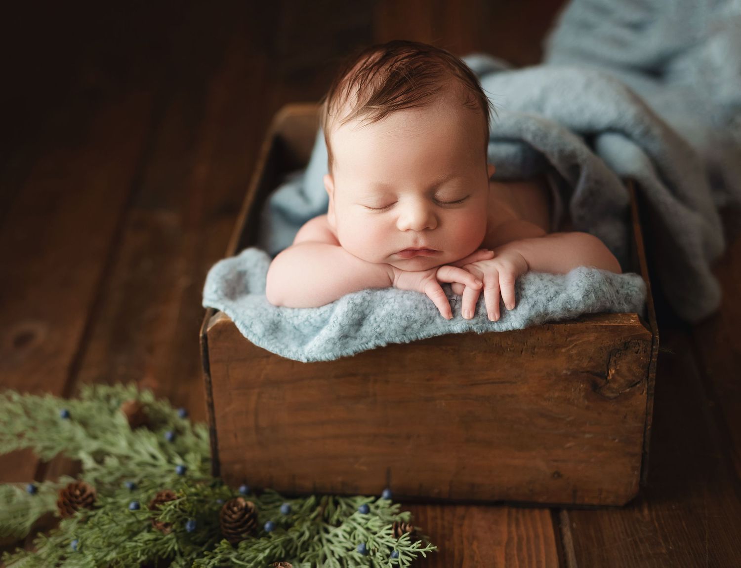 Newborn in a wooden crate. Greenville sc newborn photographer, Easley sc newborn photographer, Upstate newborn photographer.