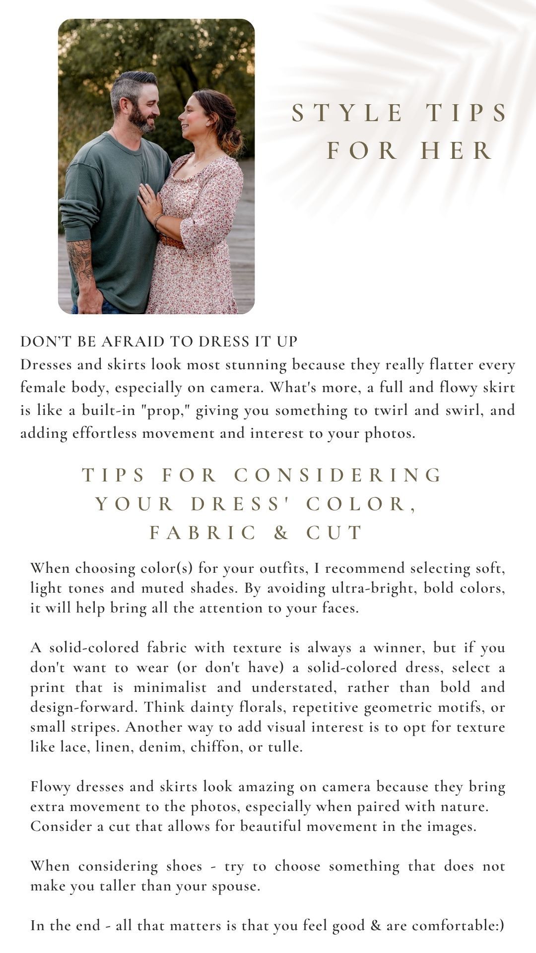 Style tips for her infographic featuring a couple embracing outdoors, with dress and fabric advice for photoshoots.