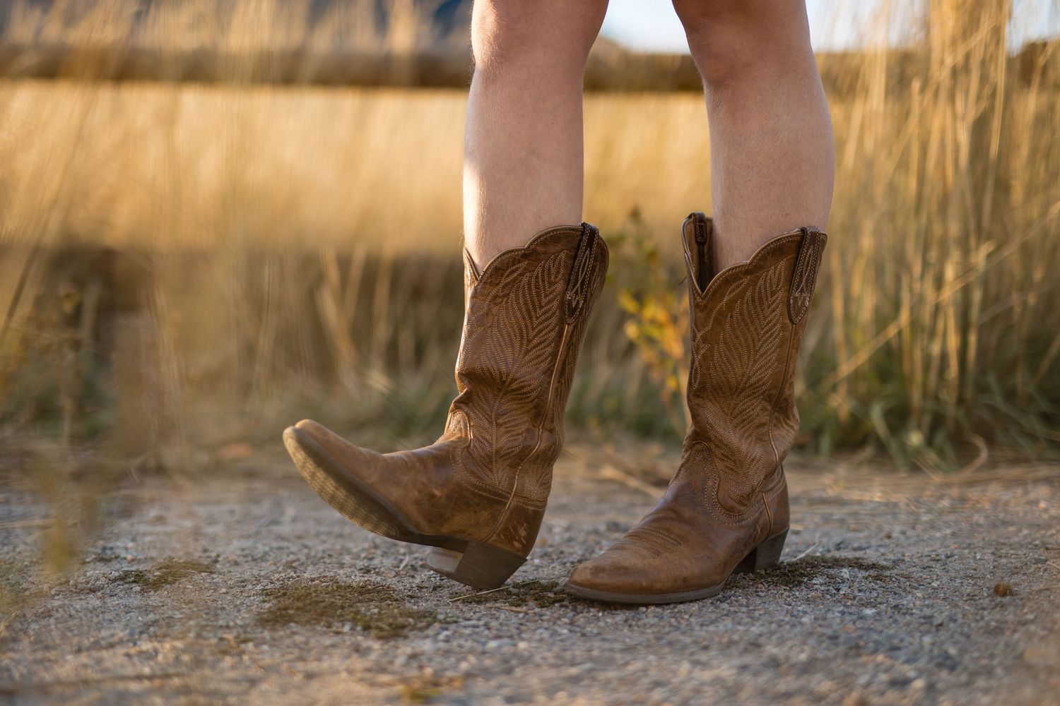 Brown leather cowboy boots stand on a dusty path at sunset with golden grass in the background.