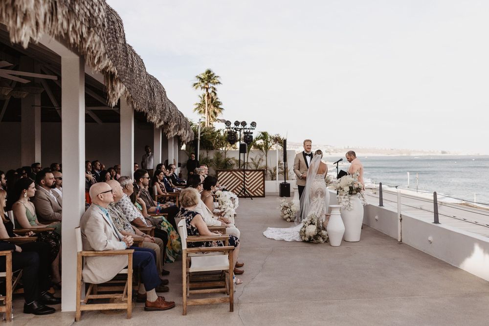 A series of beachfront wedding photos showing a coastal ceremony and reception with palm trees and ocean views.