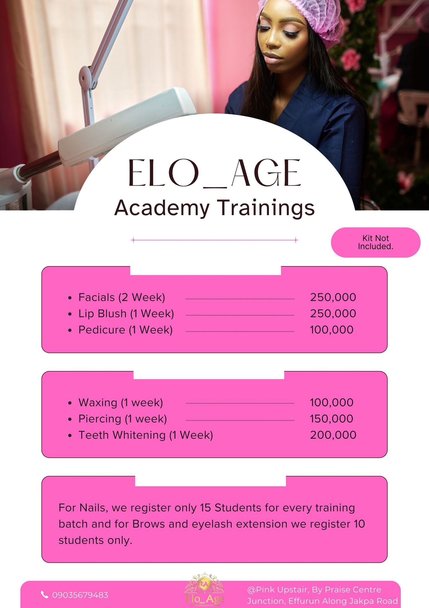 Training fees to learn at the Best Studio in Warri and Ikeja.
Affordable and professional Staff.
Cozzy atmosphere
Warri 
Ikeja