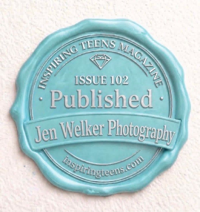 Teal wax seal stamp for Inspiring Teens Magazine Issue 102 Published badge featuring Jen Welker Photography.