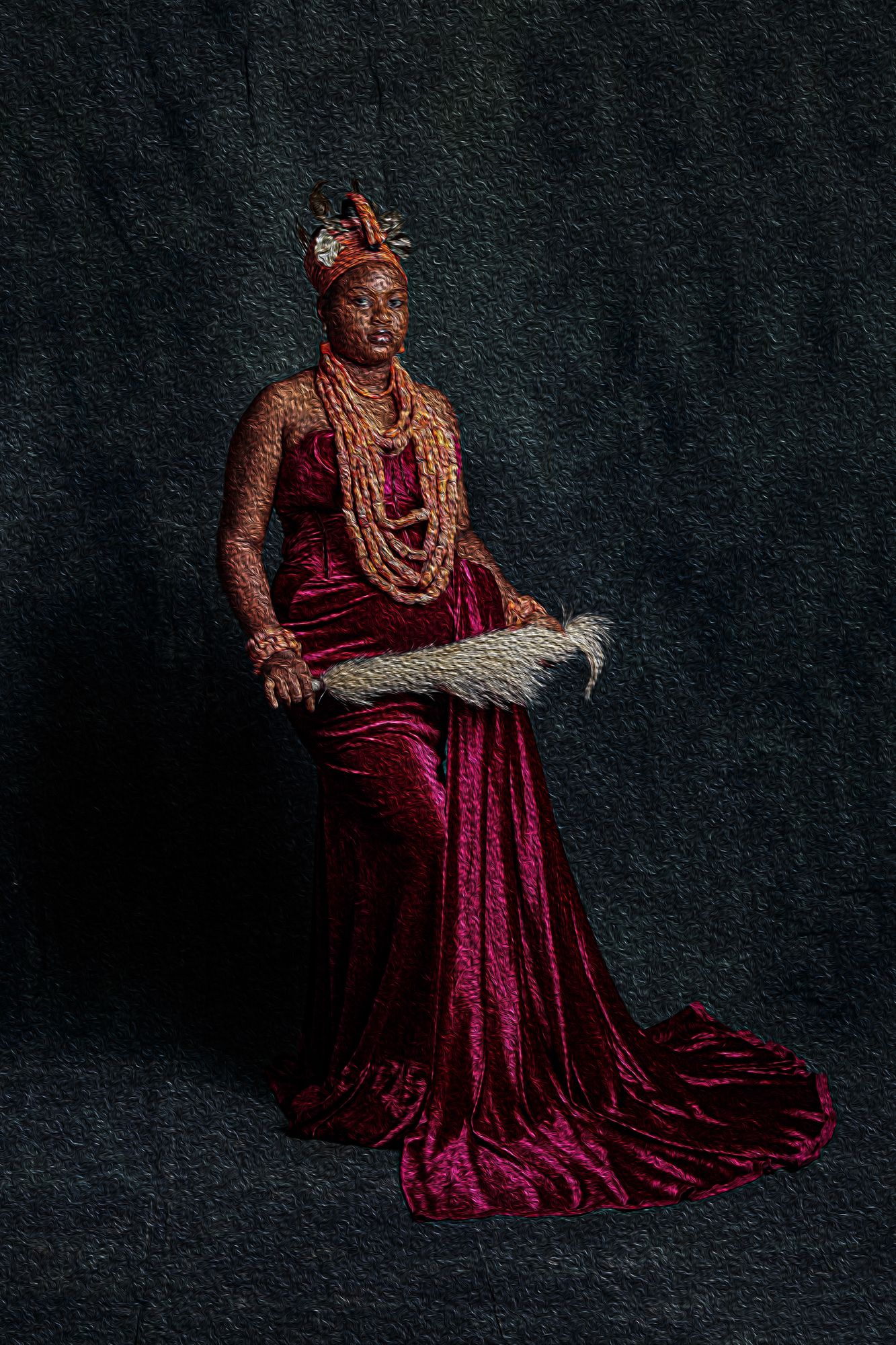 Photography Oil painting Regal portrait in velvet dress with traditional beadwork and white ceremonial fan against dark background.