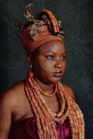 Photography Oil painting  Dramatic portrait showing Benin bride attire with beaded necklaces and decorated crown.