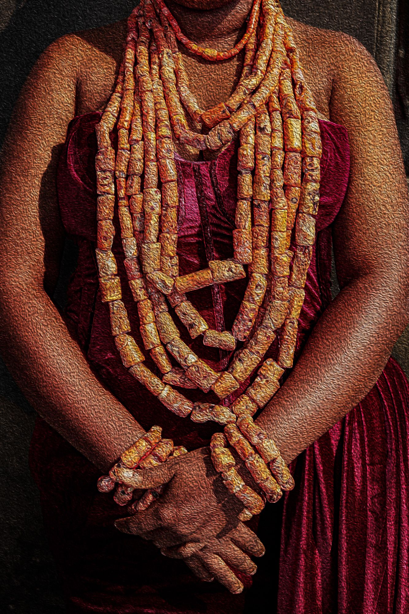 Photography Oil painting Close-up detail of layered coral beaded necklaces against burgundy velvet dress worn by a Benin bride