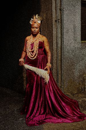 Photography Oil painting Regal portrait of a Benin Bride in burgundy velvet gown with traditional African crown and ceremonial horsetail.
